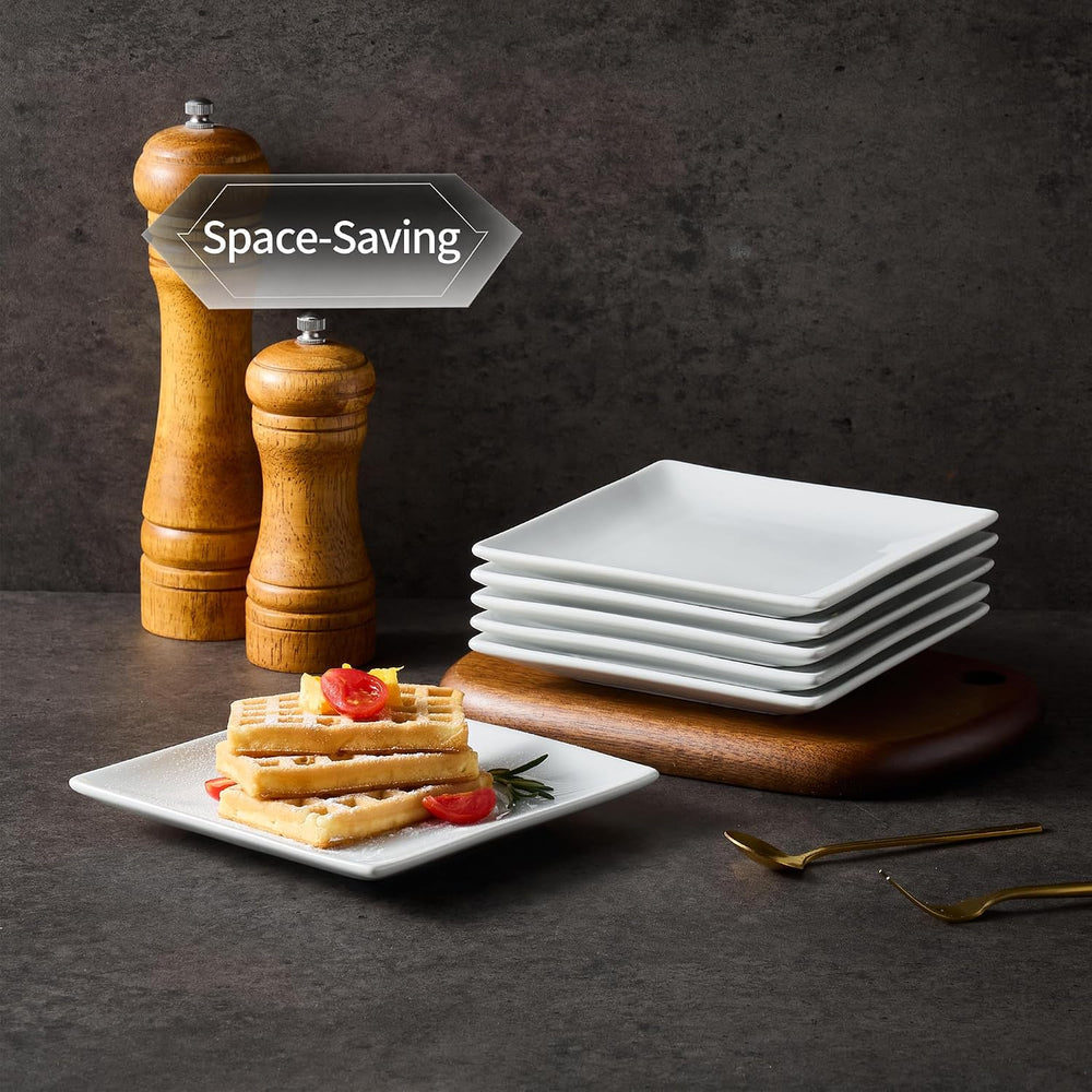 Porcelain Appetizer Plates Set of 6, 6 Inch White Square Dessert Plates