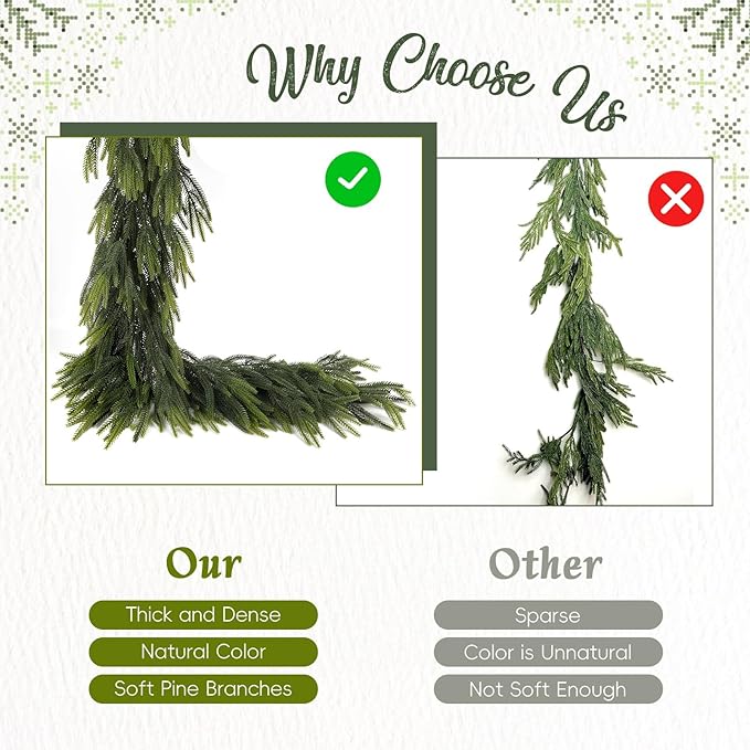 N&T NIETING 2 PCS Christmas Norfolk Pine Garland, Real Touch Pine Garlands Faux Greenery Garland Winter Christmas Garland for Table Mantle Fireplace Holiday Indoor Outdoor Xmas Decorations (6 FT)