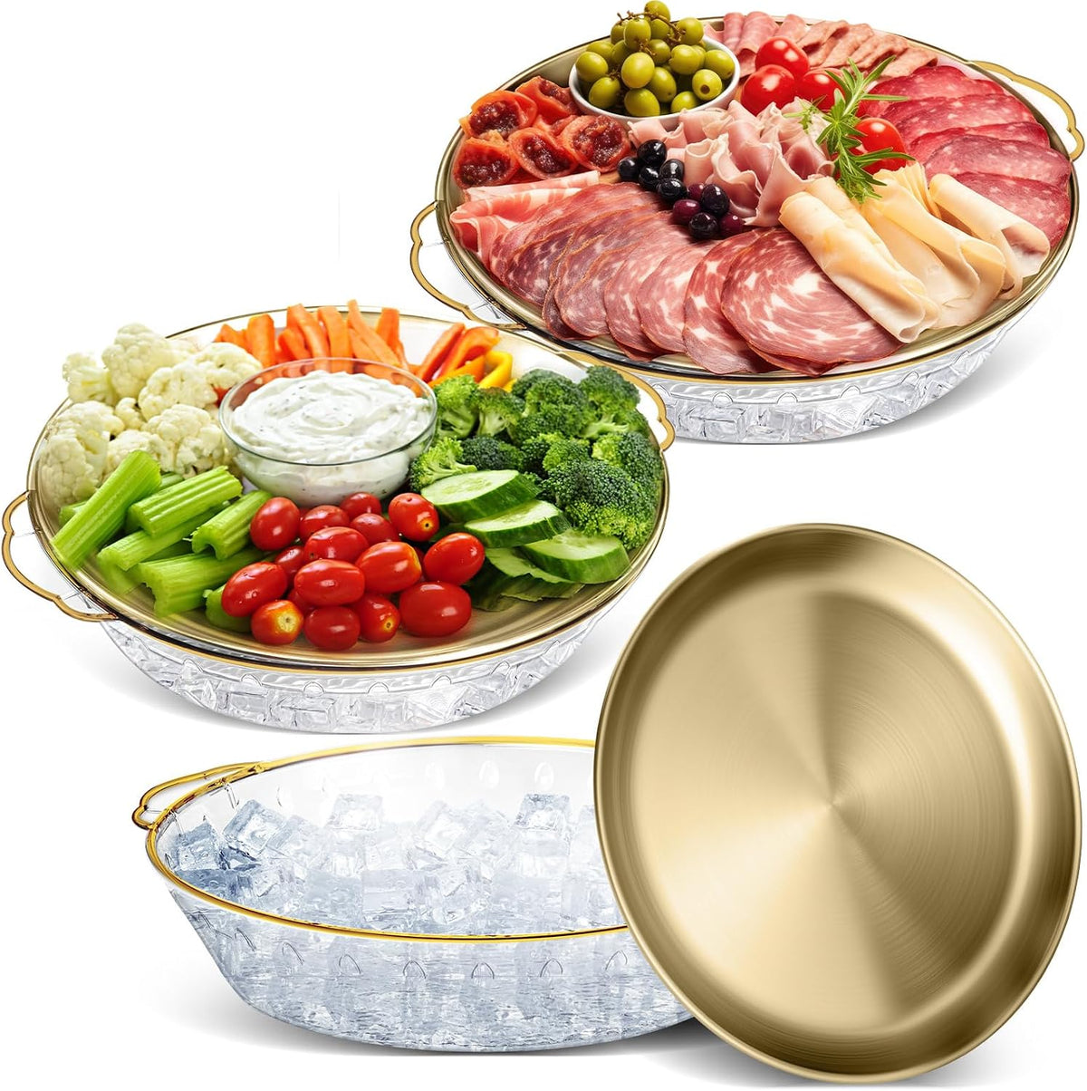 Baderke 3 Set 11.8" Chilled Serving Tray Compartments for Parties, Gold