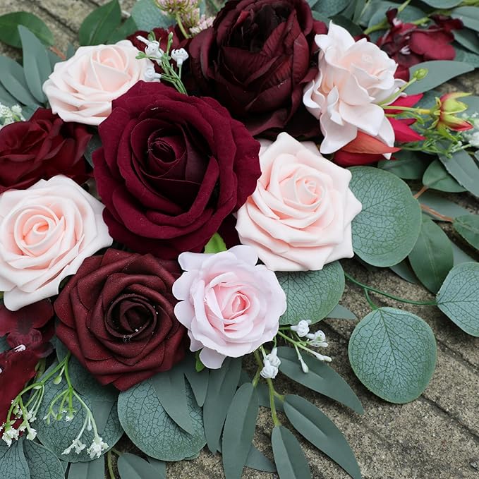 ponatia Wedding Arch Flowers (Pack of 2), Artificial Burgundy Wedding Flowers for Wedding Welcome Signs Decorations and Arch Flower for Wedding Ceremony Reception (Burgundy & Blush)