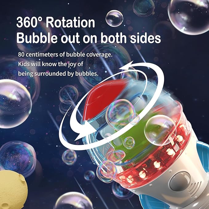 Rocket-Shaped Bubble Machine for Kids & Pets - Dual Powerful Bubble Outlets, Automatic 360° Rotation, Adjustable LED Lights & Music – Ideal for Indoor/Outdoor Birthday Parties