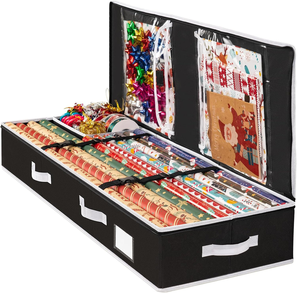 Criusia Gift Wrapping Paper Organizer Storage, Durable Underbed Storage Container Fits 24 Rolls, with Removable Dividers and Pockets for Ribbon, Ornaments, Holiday Accessories, Black