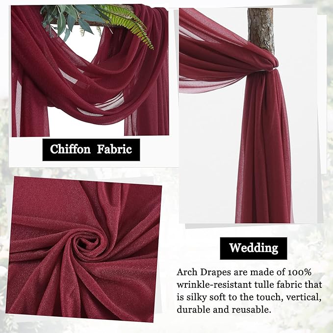 Arch Drapes for Wedding Arch Draping Fabric Burgundy Sheer Backdrop Curtain for Ceremony Bridal Party Decor 19Ft Length x 28" Width 4 Panels