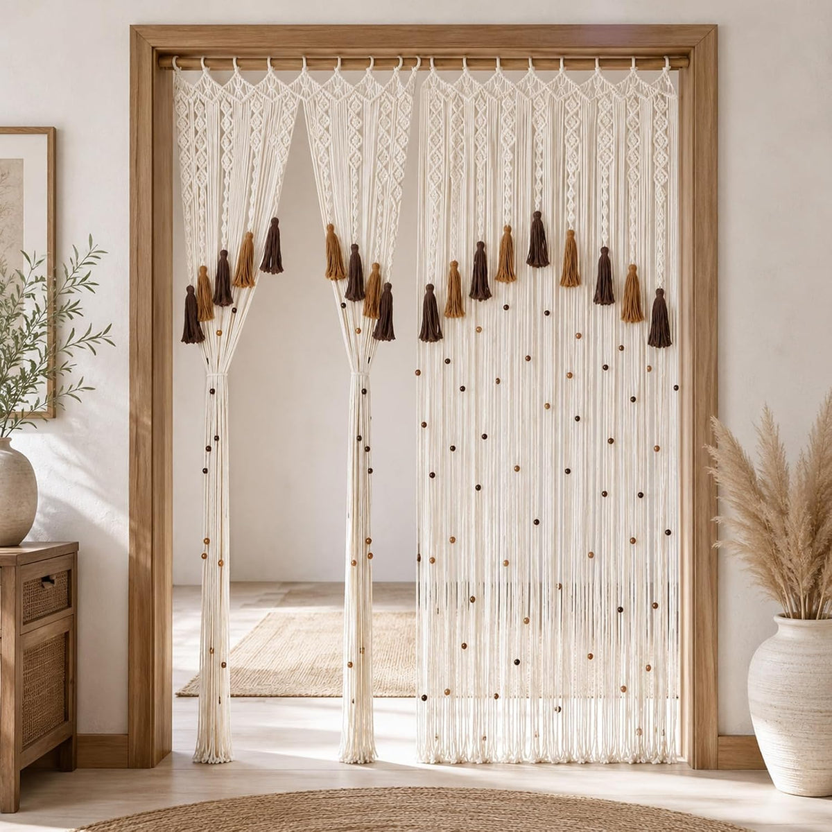 boho macrame curtains, handmade curtain with tassels & on a desk or shelf