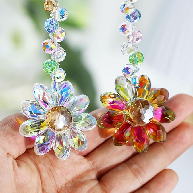 HDCRYSTALGIFTS 6PCS Crystal Sunflower Suncatchers Hanging Ornaments, Crystal Window Sun Catchers Rainbow Maker Light Catcher Indoor Outdoor Garden Decor Glass Christmas Ornaments