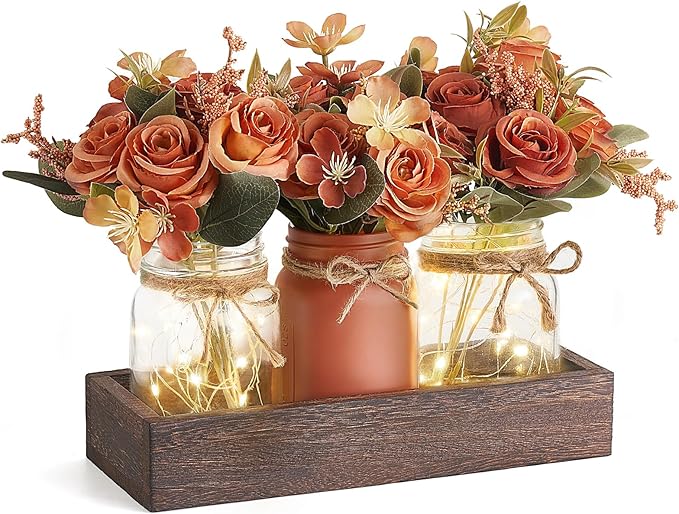 Mkono Mason Jar Lights Centerpiece Table Decorations for Dining Room Farmhouse Coffee Table Decor Tray with 3 Jars Flowers Centerpieces Fall Decor for Kitchen Living Dining Room, Orange