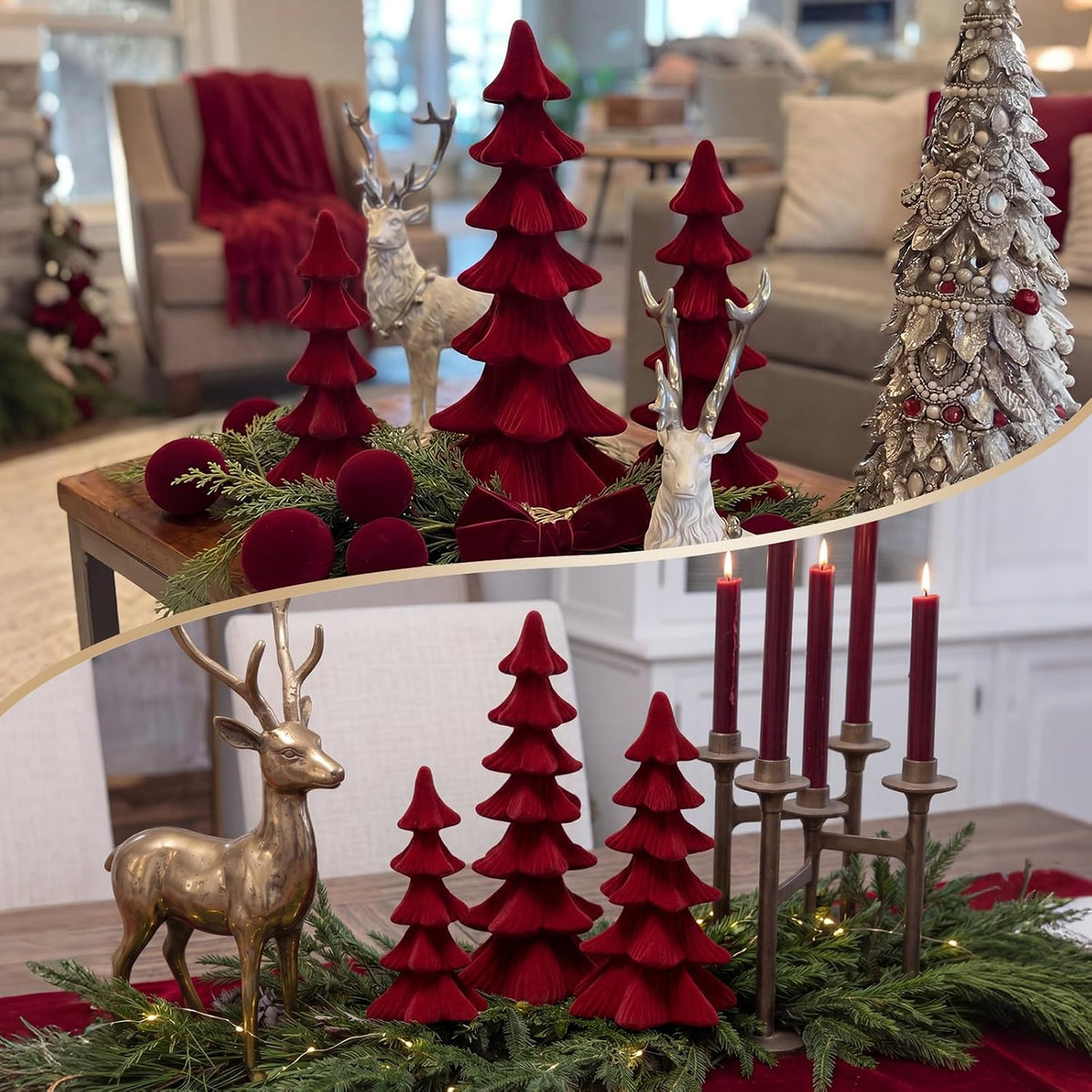 newwiee 3 pcs christmas velvet trees velvet tabletop,claret showing dimensions