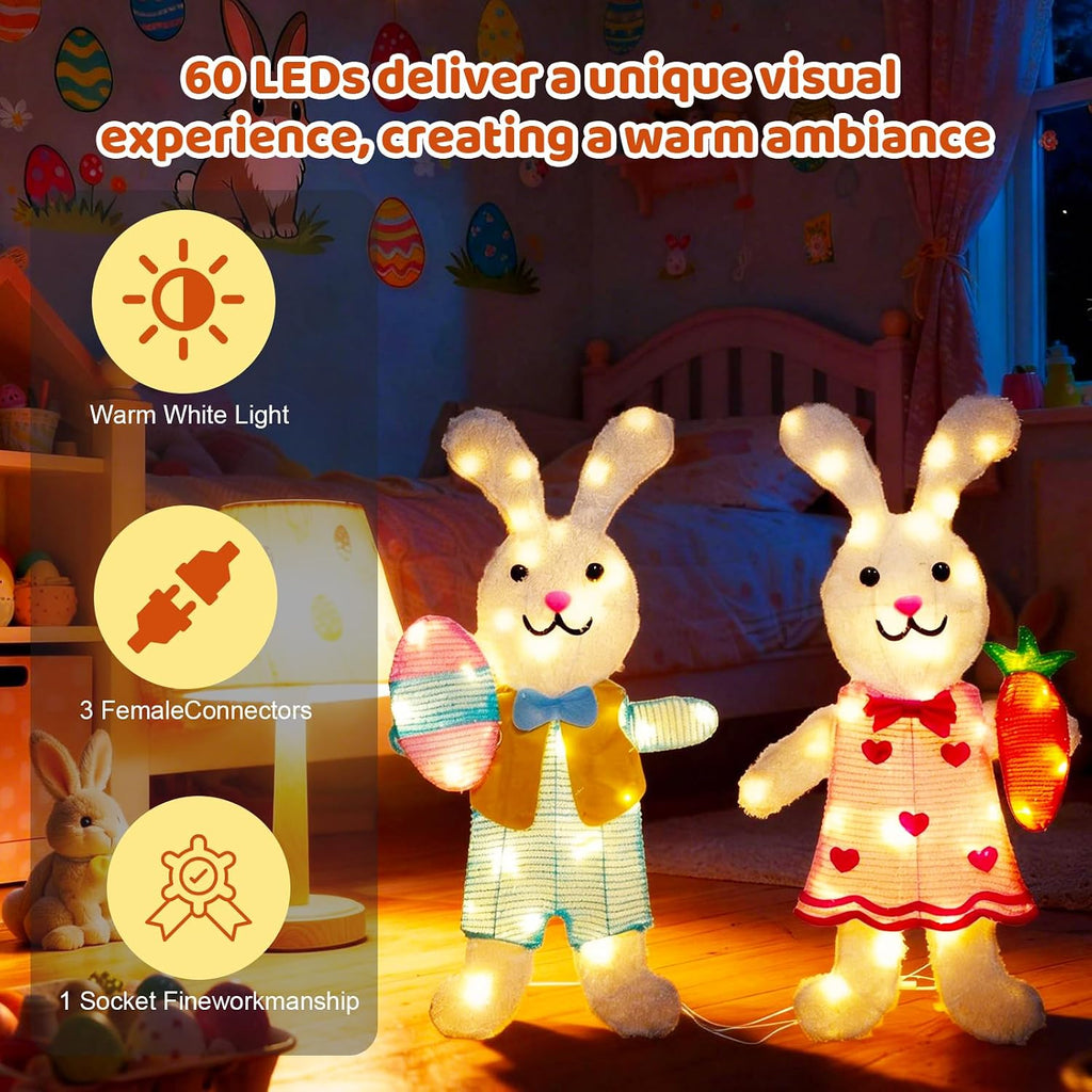 2 Pcs Outdoor Easter Decorations Lighted Bunny with 60 LEDs Warm White Lights, Easy Assembly 2D Easter Decor for Outdoor, Garden, Lawn, Patio
