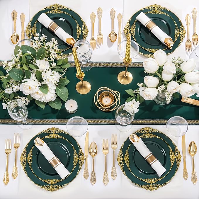 Nervure 350PCS Green Plastic Plates - Green Gold Plastic Dinnerware Sets for 50 Guests - 100 Disposable Plates, 150 Gold Silverware, 50 Cups, 50 Napkins for Wedding & Party & Christmas