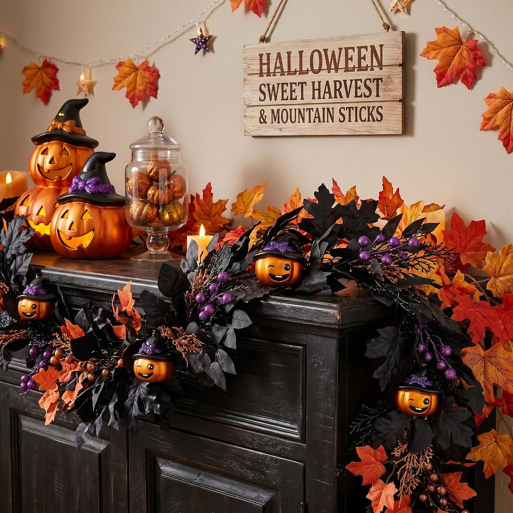 DecorbyHannah 6ft Halloween Garland for Mantle with Lights Pumpkin Decor