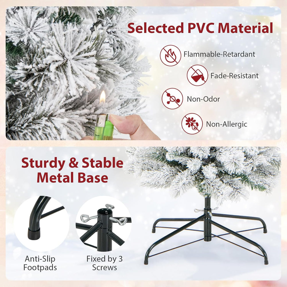 Goplus 7ft Pre-Lit Snow Flocked Pencil Christmas Tree, Artificial Slim Xmas T...
