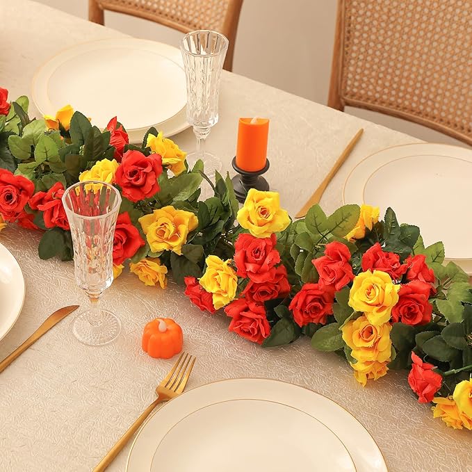 Floweroyal 4 Pack Artificial Flower Garlands 15.8FT Fake Rose Vines Silk Flowers Hanging Rose Ivy for Wedding Arch Party Home Garden Wall Decor (Orange Yellow)