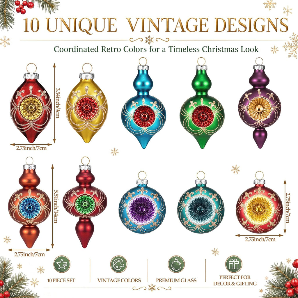 Soulchen 10 Pcs Vintage Glass Christmas Ornaments, Glitter, Retro
