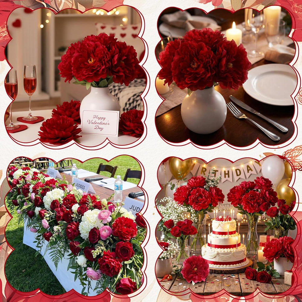 50 Pcs Artificial Peony Flowers with Wire Stems, Red
