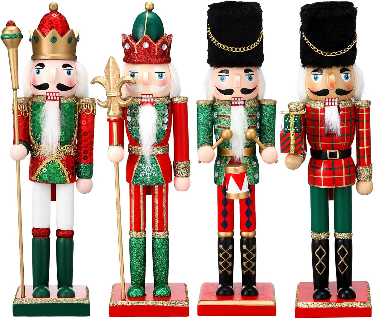 Suzile 4 Pcs 12 Inch Christmas Wooden Nutcracker Soldiers Red Green Retro