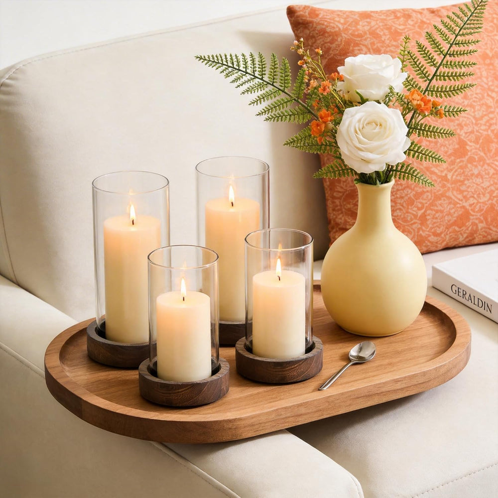 Set of 4 Hurricane Candle Holders with Wood Base & Glass Cylinder (4.2x5....