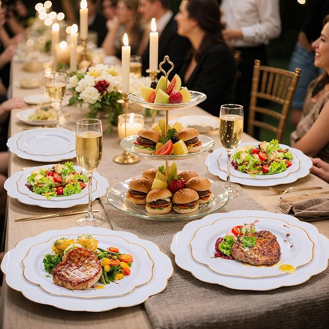 bUCLA 180PCS White and Gold Plastic Plates Disposable - White with Gold Rim Dinnerware Set Include 30 Guests Dinner & Dessert Plates, Cups, Cutlery Set for Wedding, Party & Thanksgiving Table Decor