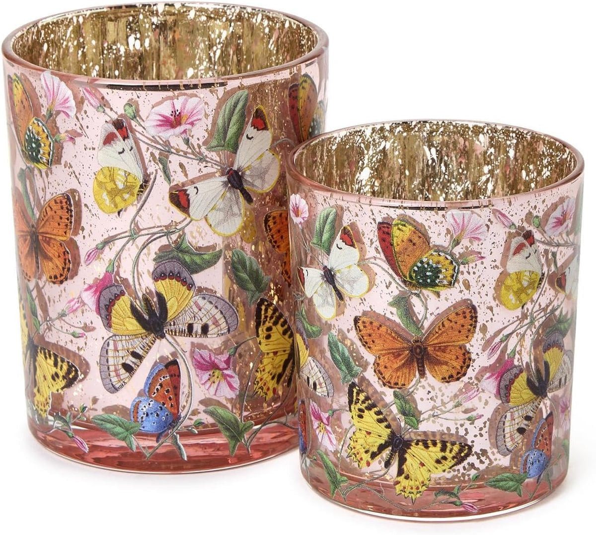 Two's Company Butterfly Silhouette Antiqued Candleholders, 5-Inch, Glass, Multicolor, Set of 2