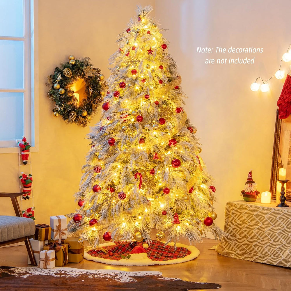 Goplus 7ft Pre-Lit Snow Flocked Christmas Tree, Artificial Hinged Full Xmas T...