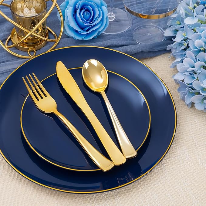 NOCCUR 350PCS Navy Blue Plastic Plates - Blue Disposable Dinnerware Set for 50 Guests, 100 Dinner/Dessert Plates, 150 Gold Silverware, 50 Cups&50 Napkins for Party/Wedding/Labor Day
