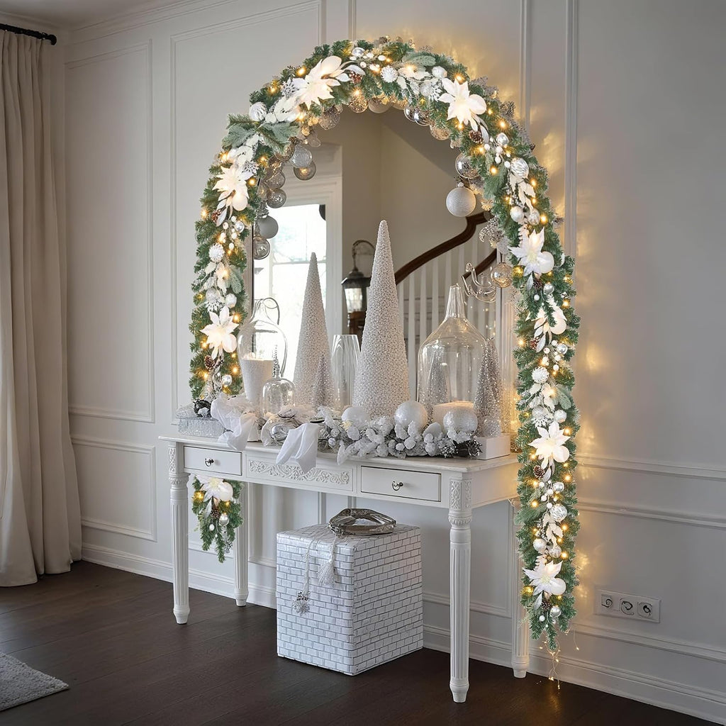 Lighted Christmas Garland for Mantle,Fireplace,Stairs, Garland for Front Door Pre-lit 6 feet Winter White Silver Poinsettia Garland with 25 LED Lights,Timer & Battery Operated.in/Out Door Decor