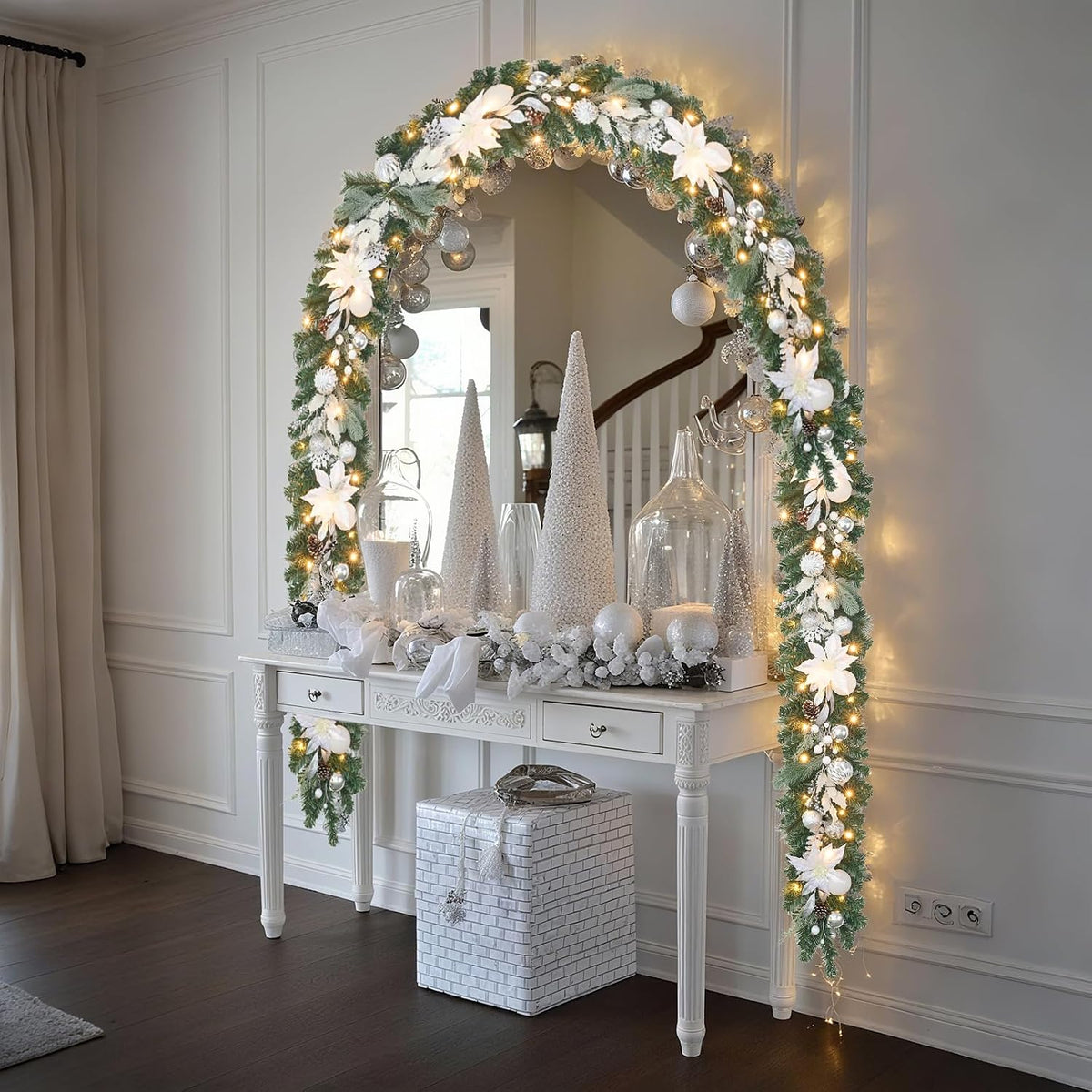 Lighted Christmas Garland for Mantle,Fireplace,Stairs, Garland for Front Door Pre-lit 6 feet Winter White Silver Poinsettia Garland with 25 LED Lights,Timer & Battery Operated.in/Out Door Decor