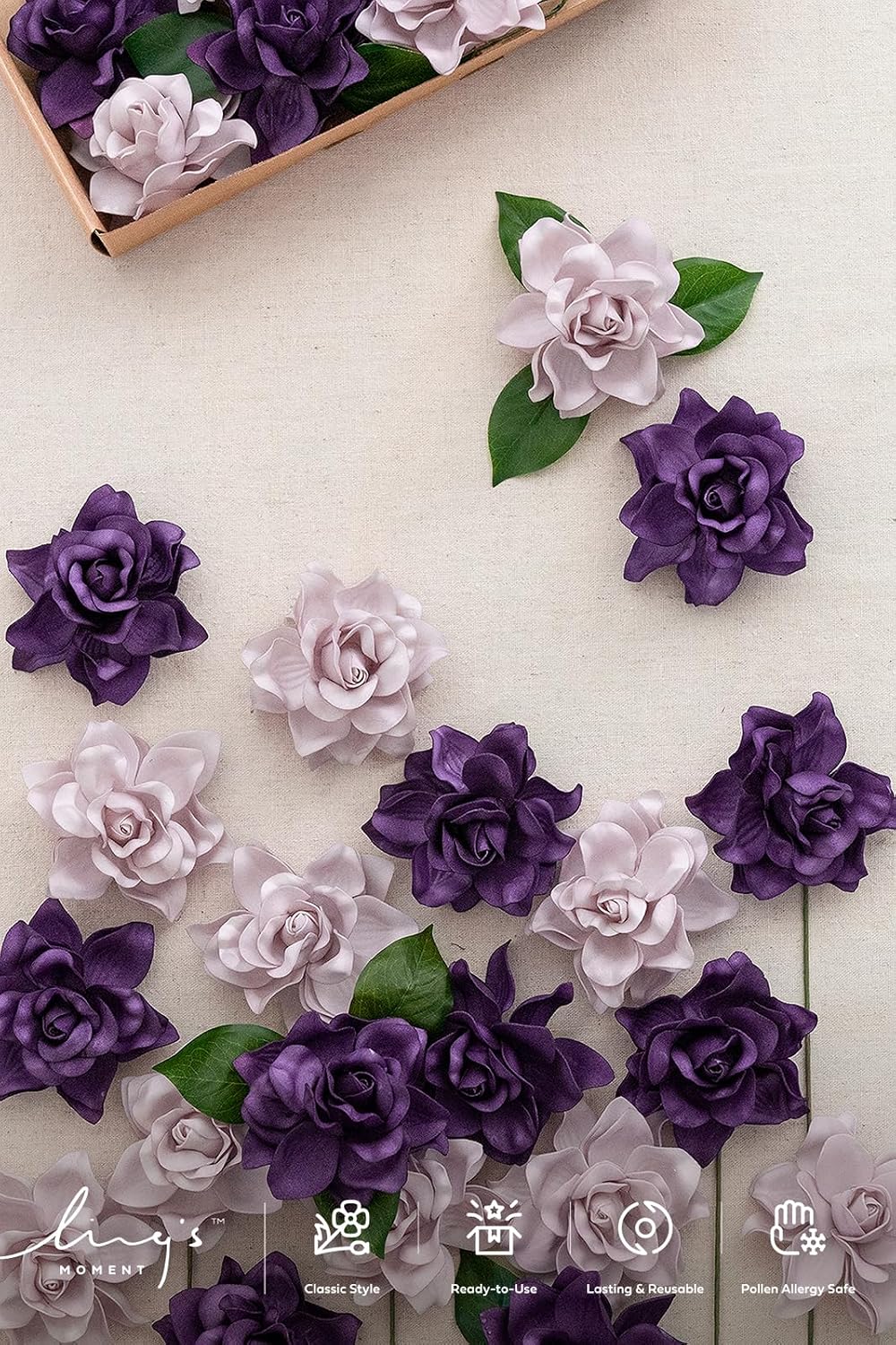 Ling's moment Purple Artificial Gardenia Flowers with Stems, 25 pcs