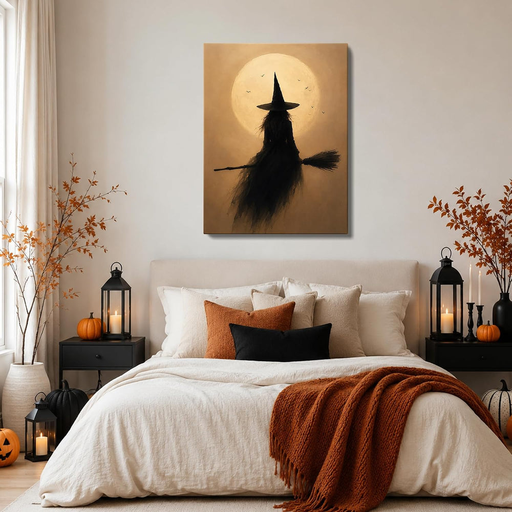 Halloween Canvas Wall Art, Witch on Broom Full Moon Halloween Pictures