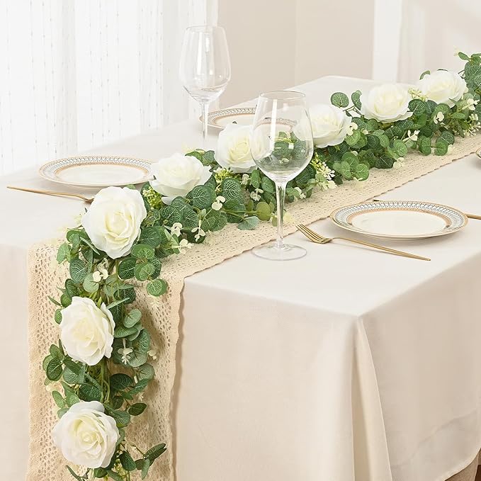 Dolicer 4Pcs 26Ft Artificial Eucalyptus Garlands with Flowers - 8 Roses, Faux Floral Greenery Garlands Fake Flowers Vines for Wedding Table Centerpieces Arch Party Ceremony Backdrop Decor (White)