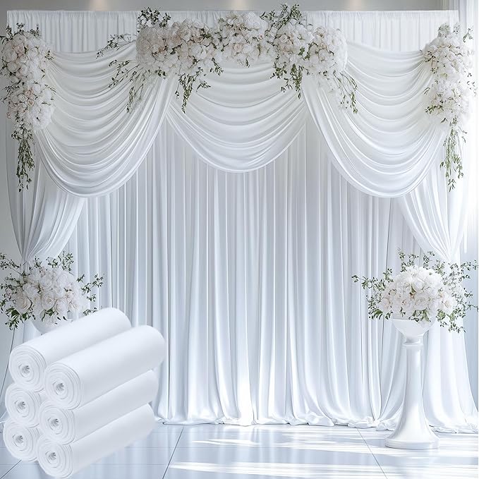 30ftx12ft Wrinkle Free White Backdrop Curtain, 6 Panels 12FT Height White Wedding Backdrop Drapes, Silky Polyester Back Drop Cloth for Birthday Photography Background Party Backdrop Draping