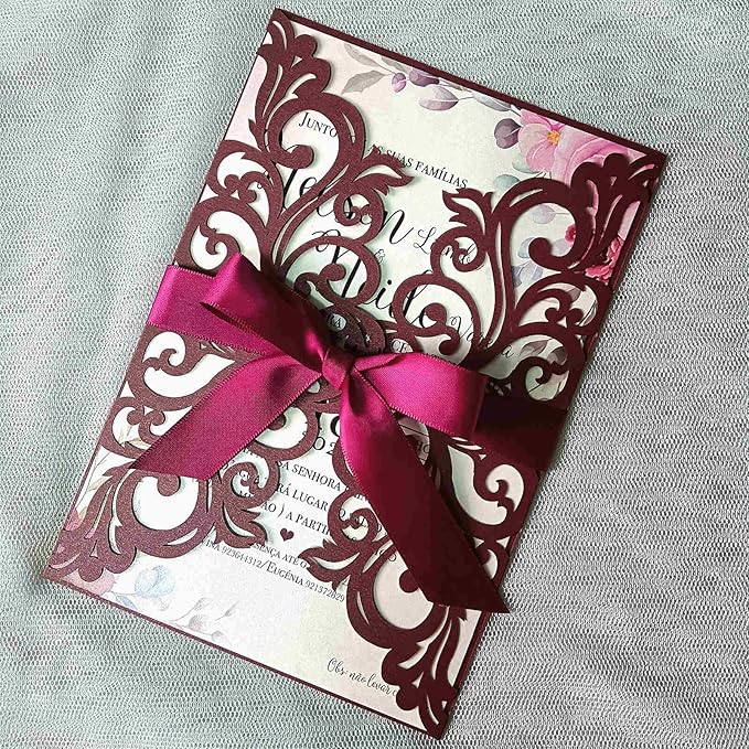 25PCS Laser Cut Burgundy Wedding Invitations Cards with Envelopes,Blank Inner Sheets,Ribbons for Wedding Bridal Shower Quinceañera Engagement Birthday Invites, (B001)