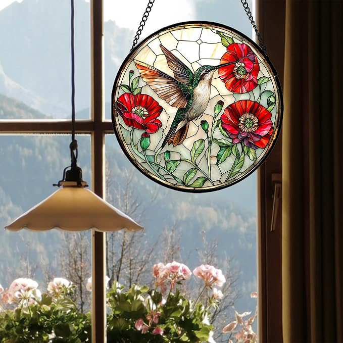 Stained Glass Window Hanging - Green Hummingbird Red Flower Suncatcher for Door Terrace Garden Home Decor Bird Landscape Sun Catcher Birthday Gifts for Lovers Women Men Dad Mom Nana 11.8 in