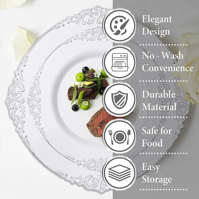 Nervure 350PCS Silver Plastic Plates - Silver Plastic Dinnerware Sets for 50 Guests - 100 Disposable Plates, 150 Silverware, 50 Cups, 50 Napkins for Wedding & Party