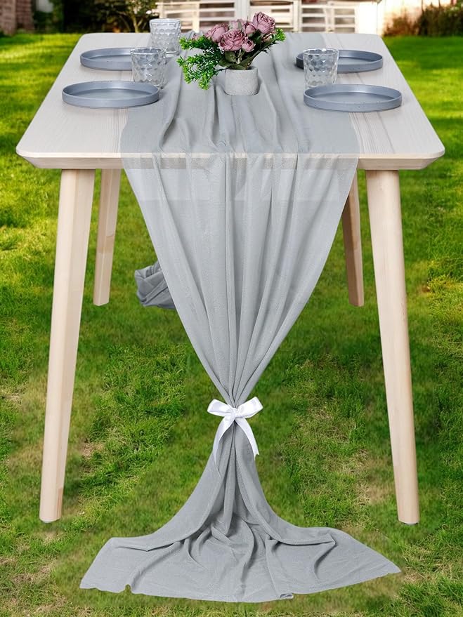 MDS 5 Pack 10ft Chiffon Table Runner 29 x 120 Inches Sheer Wedding Runner Romantic Rustic Table Runner for Wedding Decorations, Birthday Parties, Bridal Shower Party Arch Decor - Gray