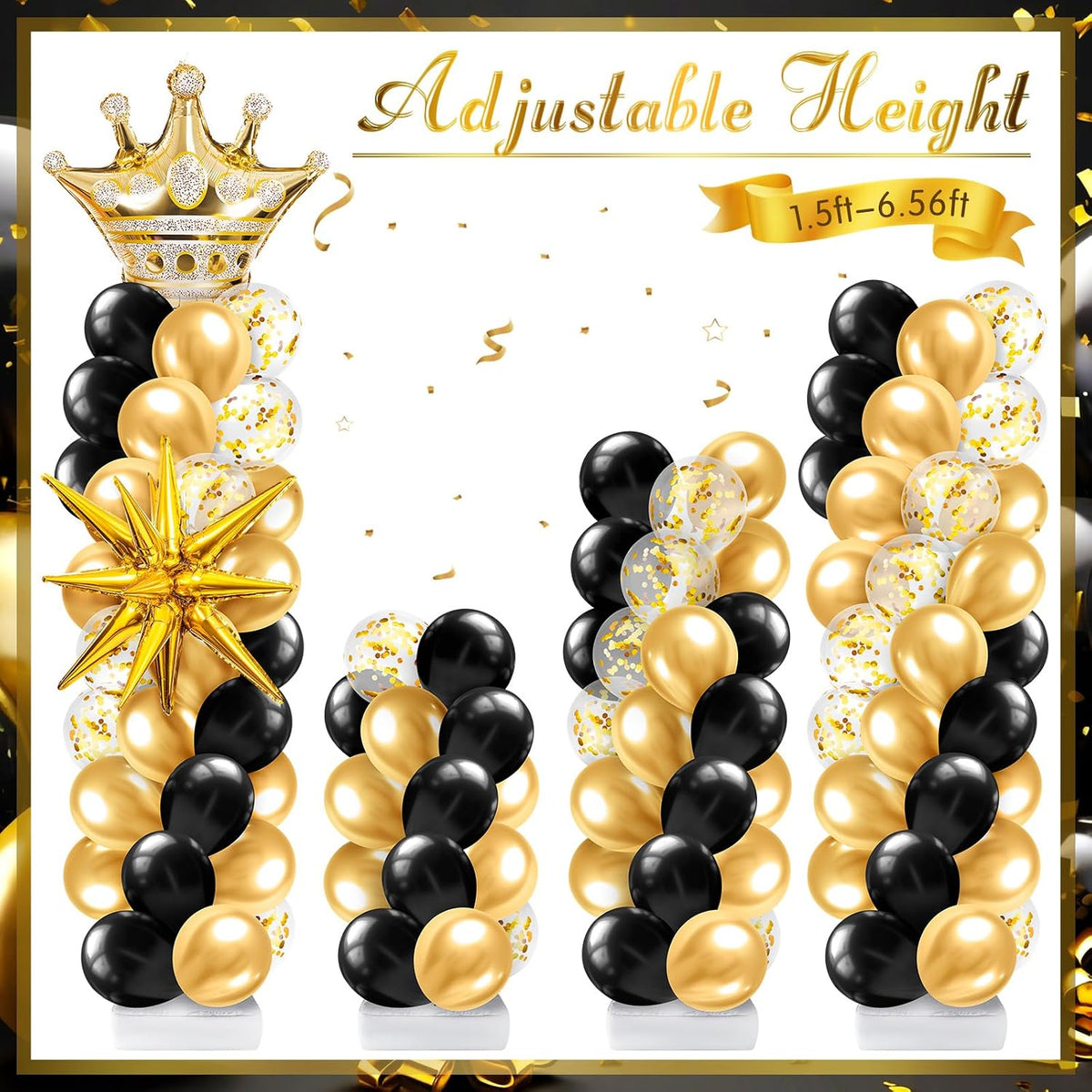 2 Sets Black and Gold Balloon Column Stand Kit with Crown Balloons