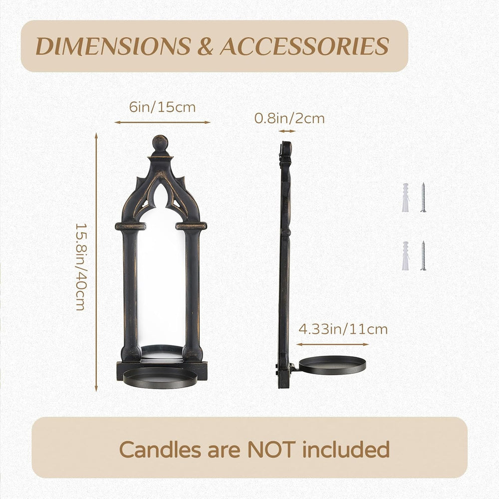 Black Gothic Candle Sconces Set of 2 with Real Mirror