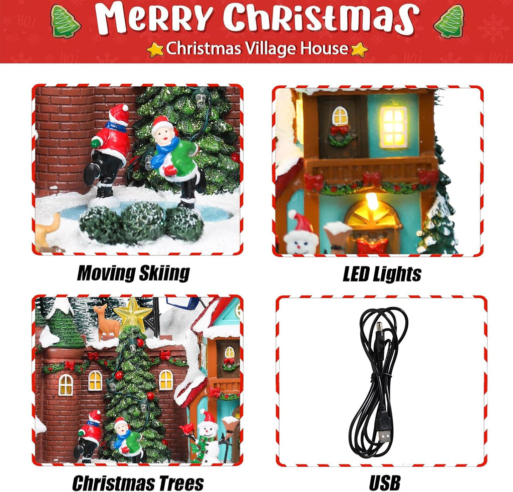 Christmas Village House 10.2 Inch Christmas Decorations Skiing Skating Cable Car Village People USB Holiday Music Town Indoor Lighted Houses for Room Tabletop Xmas Decor