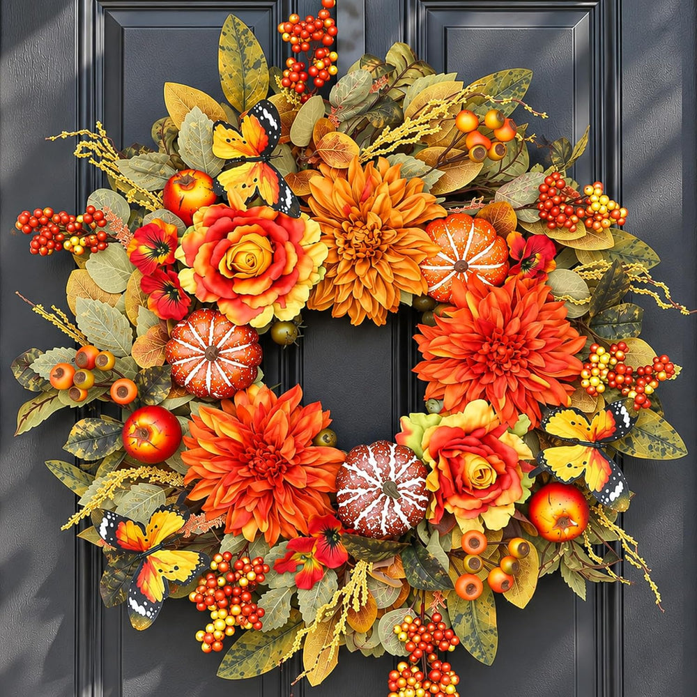 26 Inch Fall Wreaths for Front Door, Large Autumn Harvest Wreath with Pumpkin...