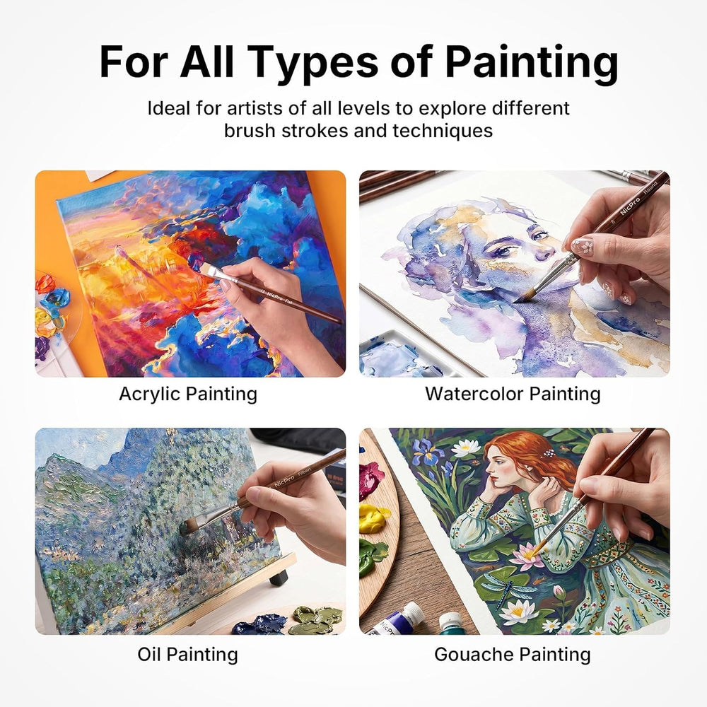 Nicpro 30pcs Paint Brush Set for Acrylic Painting, Oil, Watercolor, Gouache