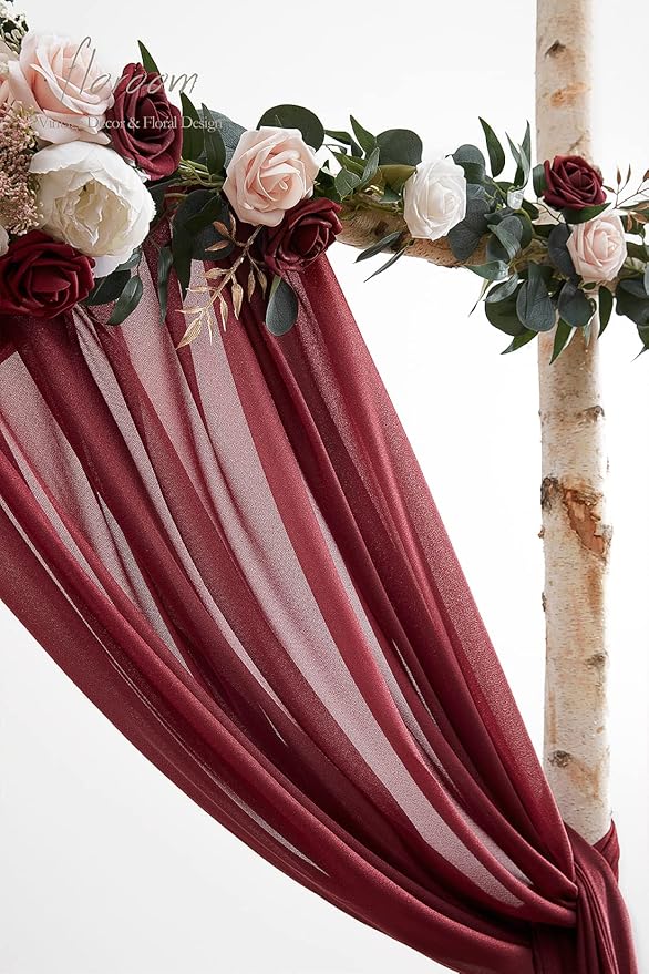 Floroom Wedding Arch Draping Fabric 2 Panels 20Ft Burgundy Chiffon Fabric Drapes Arbor Drapery Wedding Ceremony Reception Swag Dark Red Decorations