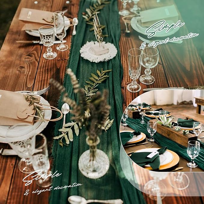 Aktor 12 Pack Emerald Green Table Runner Boho Cheesecloth Table Runner Semi Sheer Gauze Fabric Runners for Wedding Birthday Baby Shower Party Boho Table Decoration（Emerald Green）