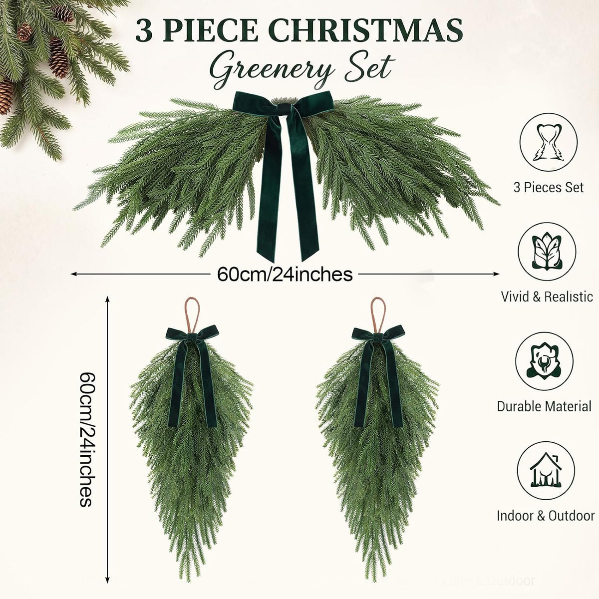 syhood 3 pcs 24'' christmas greenery teardrop swag shown in use