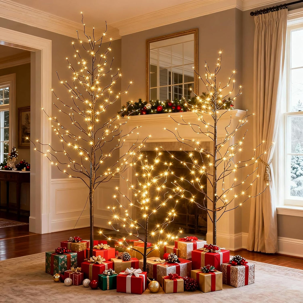 Lightshare Set of 3 Star Light Trees Christmas Decorations, Including 3 feet, 5 feet, and 6 feet, Warm White Christmas Tree, Brown Branch
