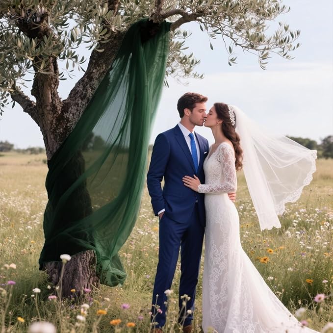 VOK Dark Green Wedding Arch Draping Fabric Chiffon Fabric, 29in x 18Ft Sheer Chiffon Outdoor Curtain for Wedding Ceremony Birthday Party Decoration (Dark Green,1 Panel)