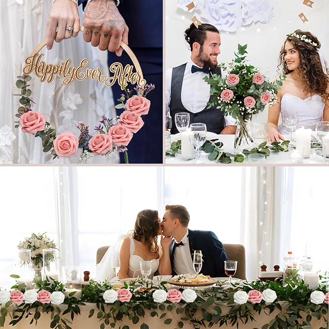 200PCS Artificial Flowers Pink Roses Real Looking Foam Fake Roses with Leaves for DIY Wedding Bouquets Bridal Shower Party Decorations (Pink, 200)