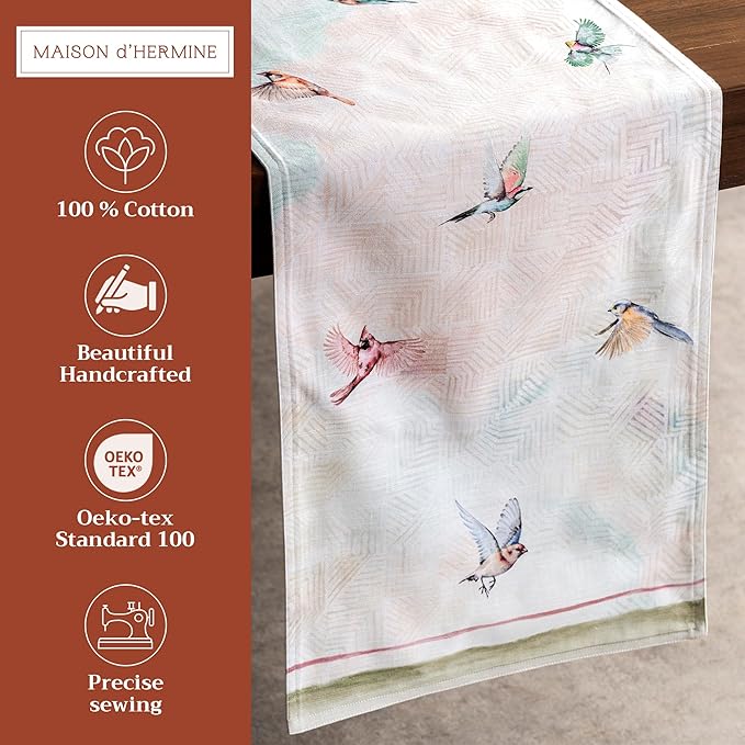 Maison d' Hermine Table Runner 100% Cotton Double Layer Table Runners 108 inches Long Decorative for Home Kitchen Dining Party Wedding Bridal Shower Spring Summer (Flying Birds, 14.50" x 108")