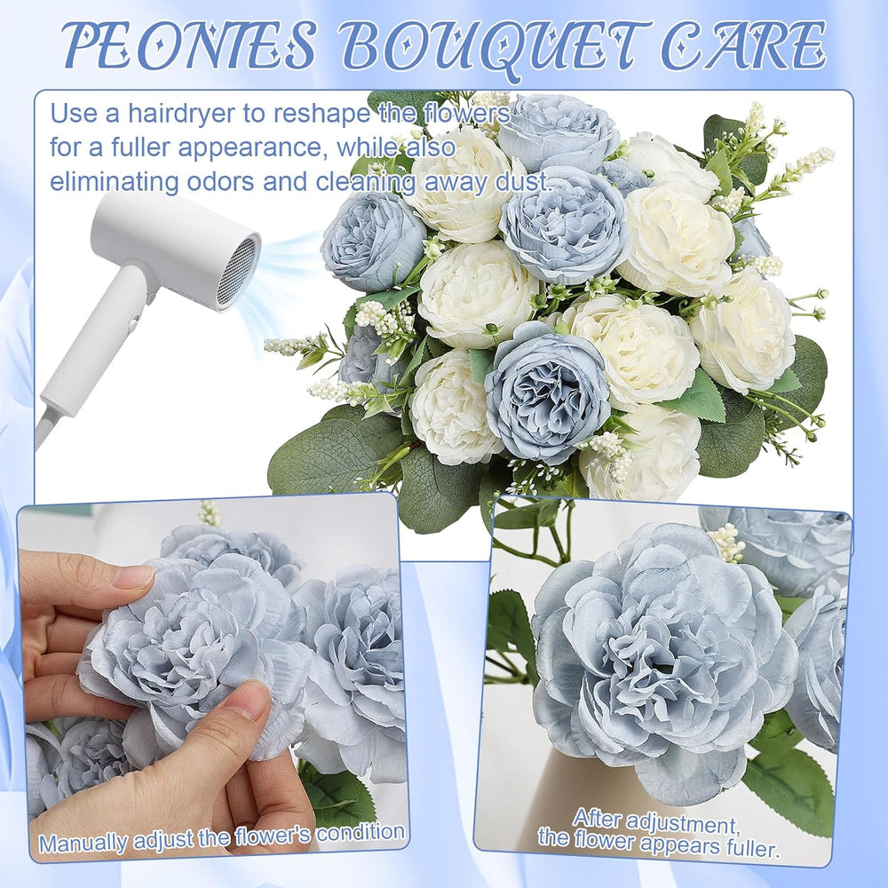 12 Bundles Dusty Blue White Artificial Peonies Silk Flowers Bulk