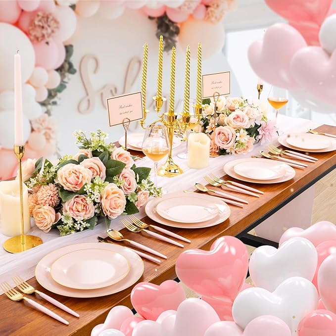 Liacere 150PCS Plastic Plates-Gold Plastic Silverware with Pink Handle - Pink Disposable Plates Include 30 Guests Plates, Forks, Spoons, Knives for Wedding ＆ Easter Day ＆Mother's Day