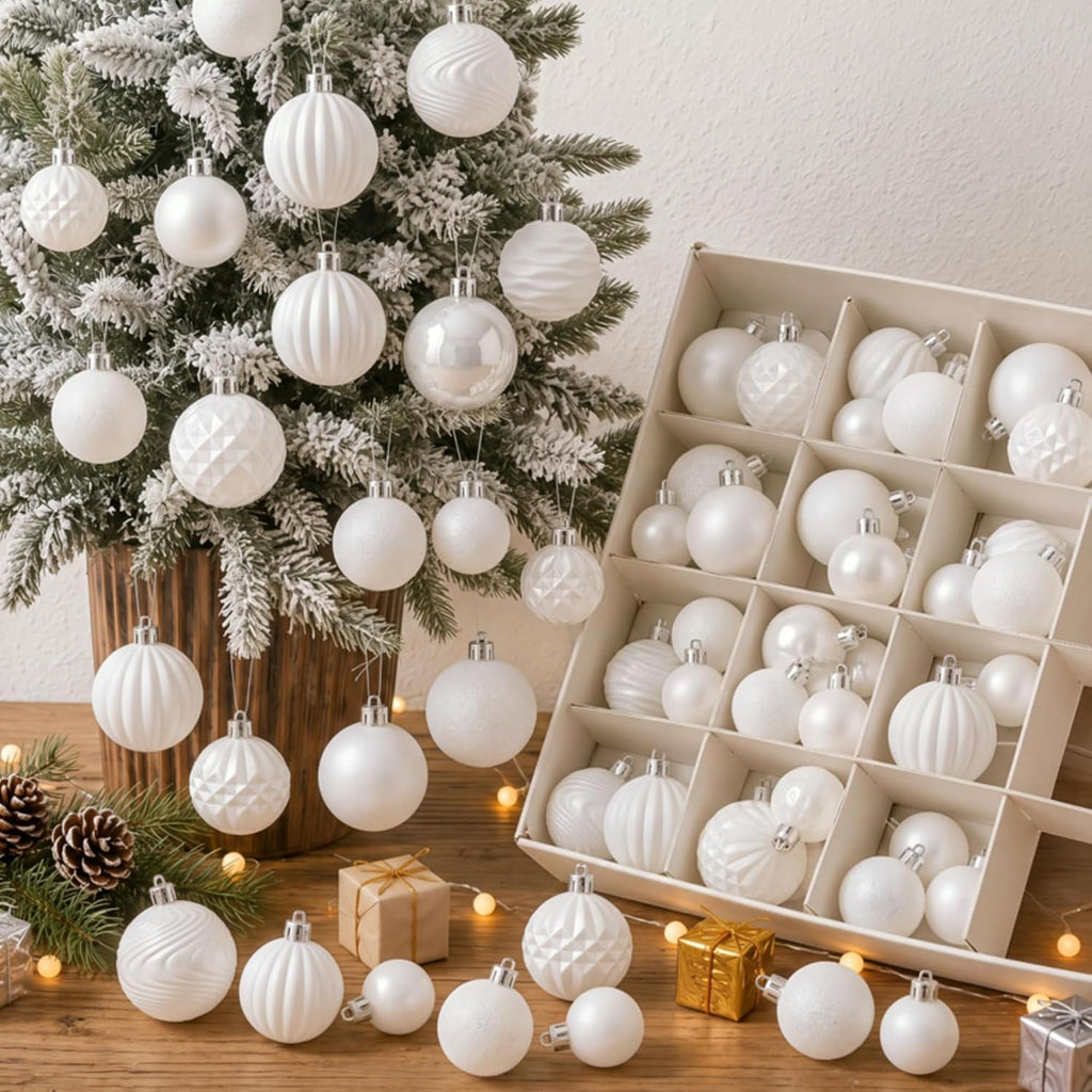 Lunmon 64 Pcs White Christmas Ball Ornaments Modern Xmas Tree Decorations