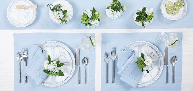 Solino Home Linen Sky Blue Table Runner 144 Inches Long - 100% Pure Linen Extra Long Table Runner 14 x 144 Inch for Christmas- Classic Hemstitch